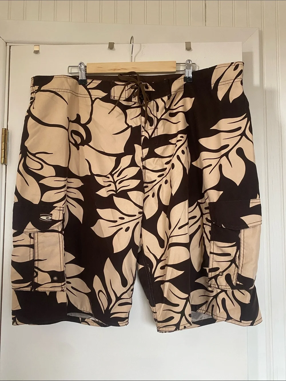 Men's Brown & Cream Floral Cargo Swim Board Shorts